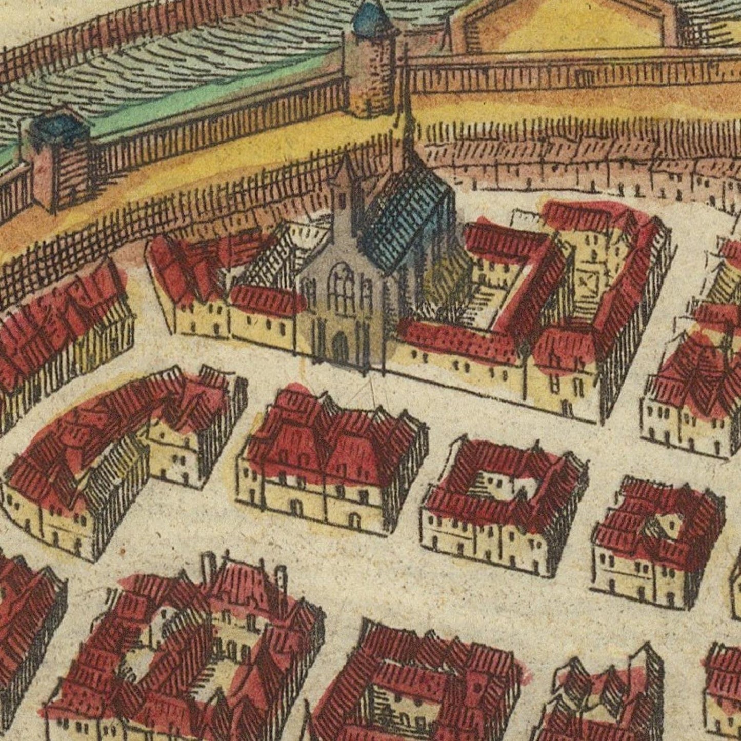 Vintage illustration of a town with red-roofed buildings