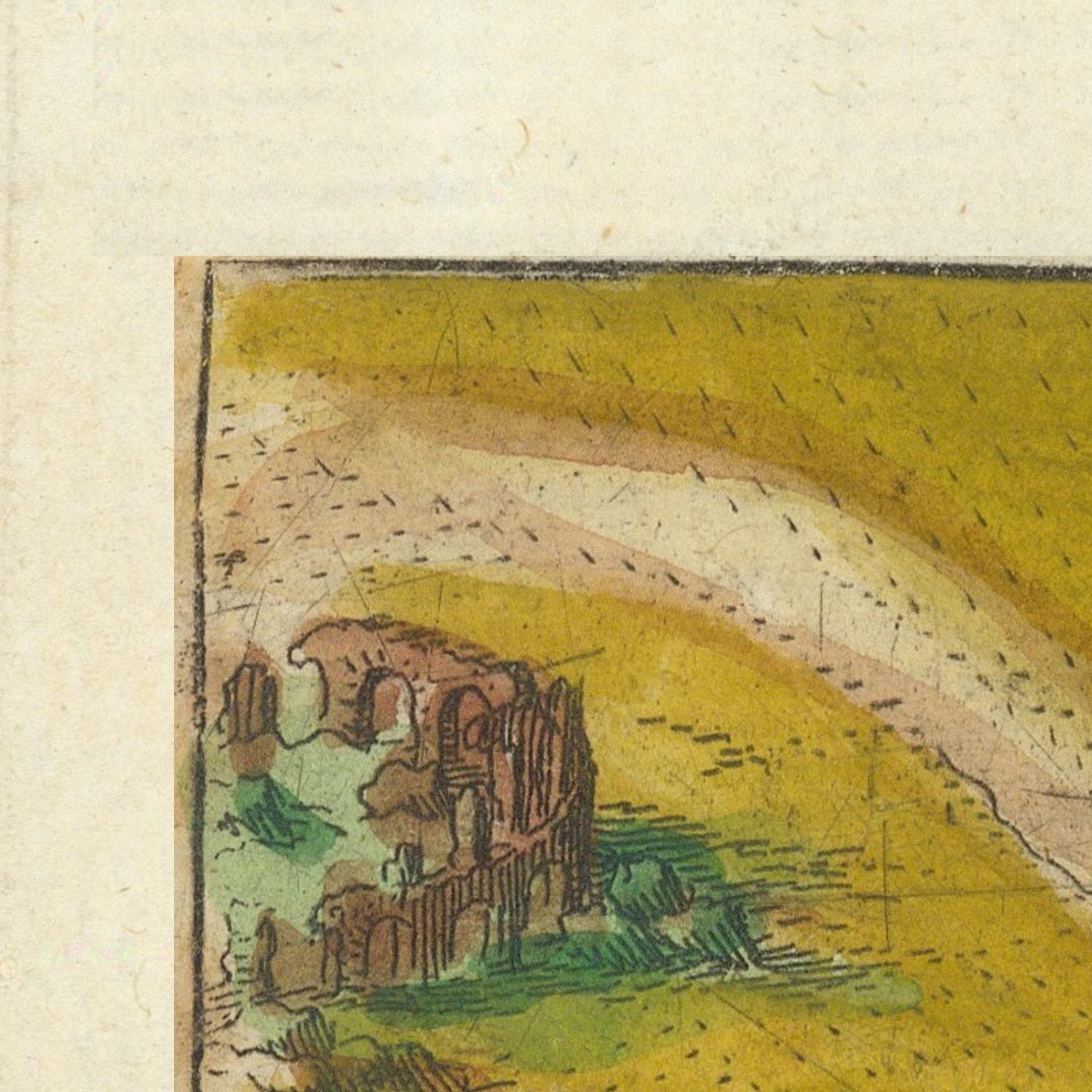 Vintage illustration of a landscape with a small building on a yellow background