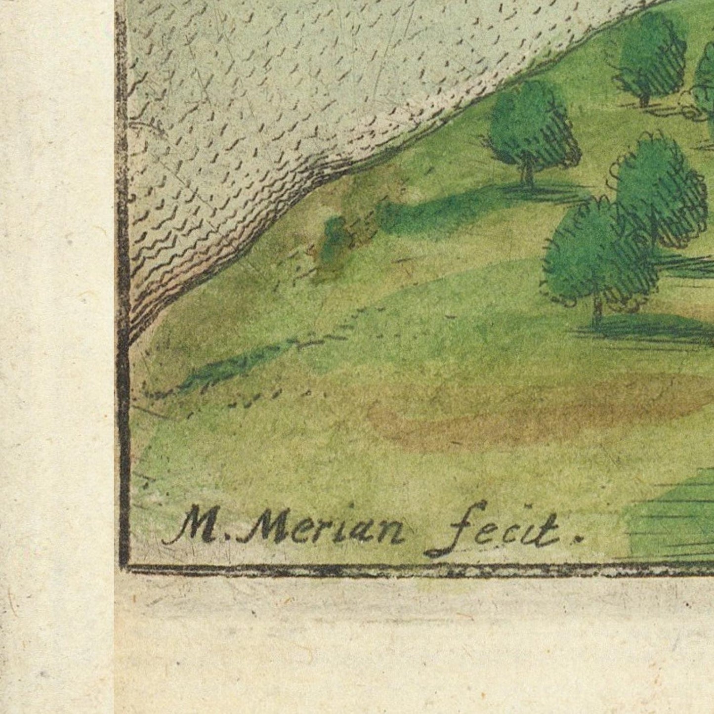 Vintage topographic map with greenery and text 'M. Merian fecit' on a beige background