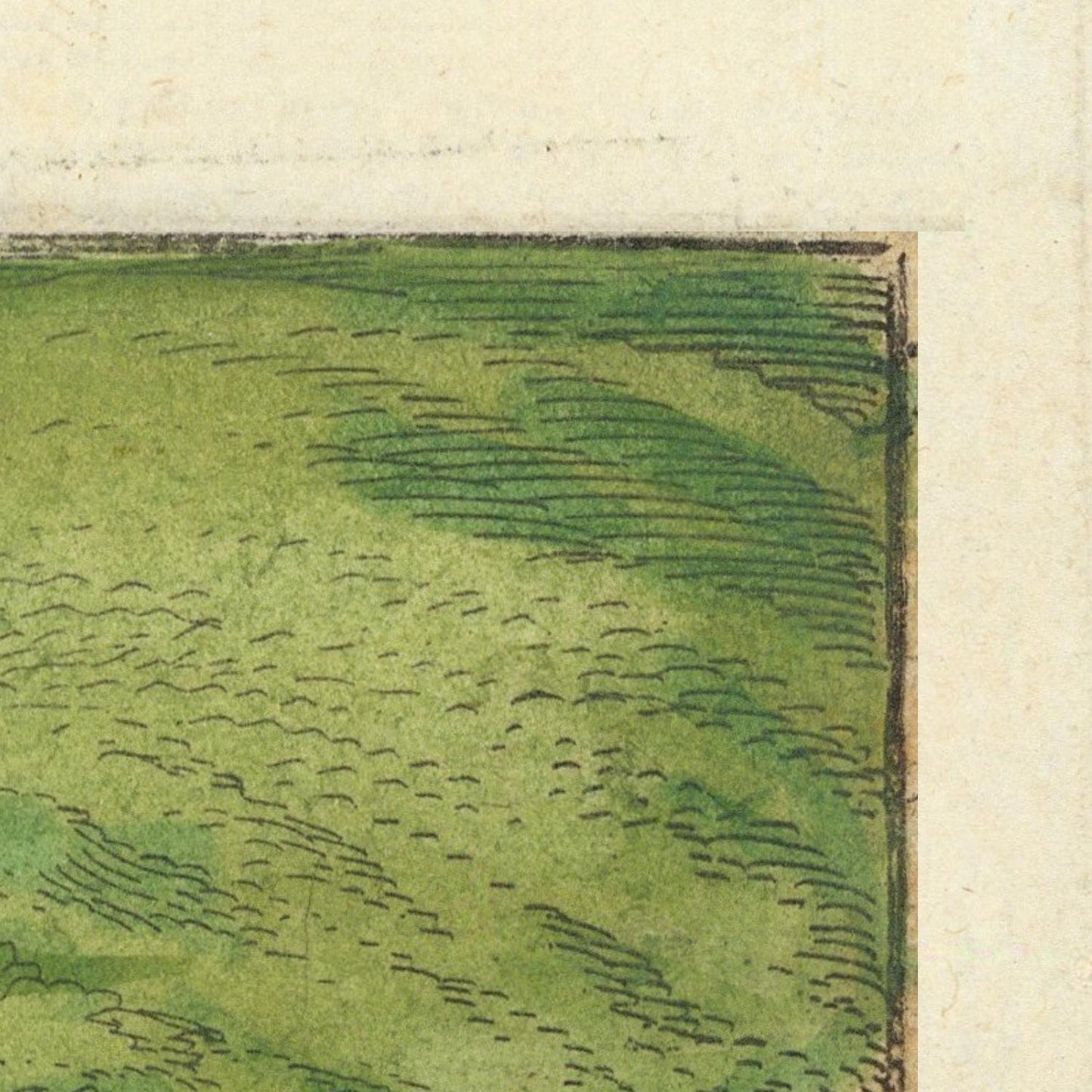 Close-up of a green landscape with a corner cut off, on a beige background