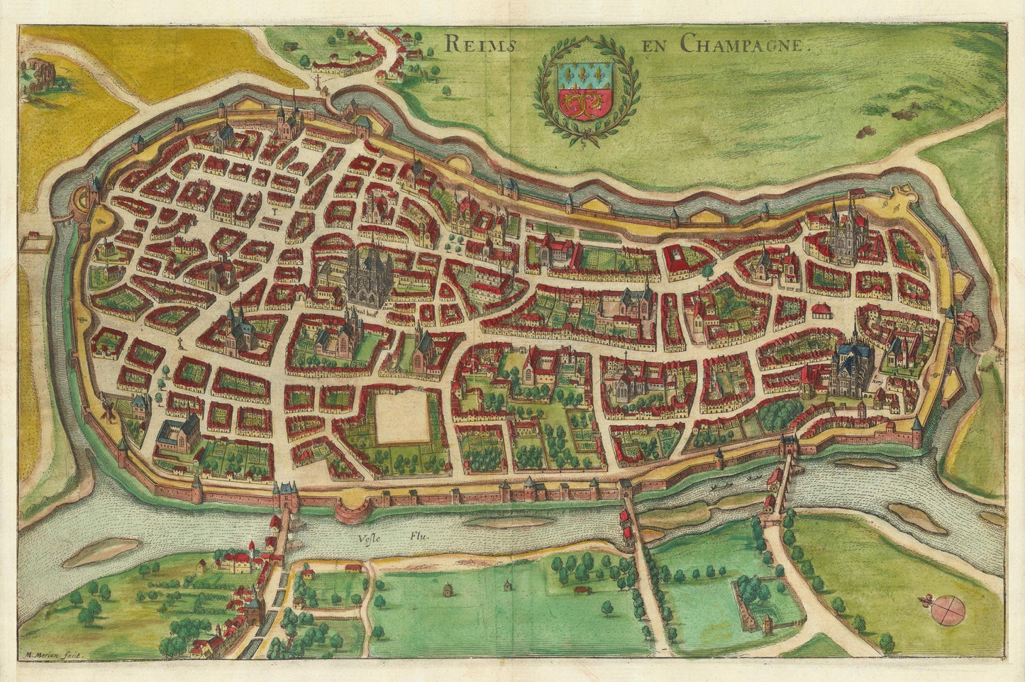 Vintage map of Reims en Champagne with detailed layout and waterways.