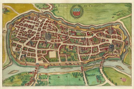 Vintage map of Reims en Champagne with detailed layout and waterways.