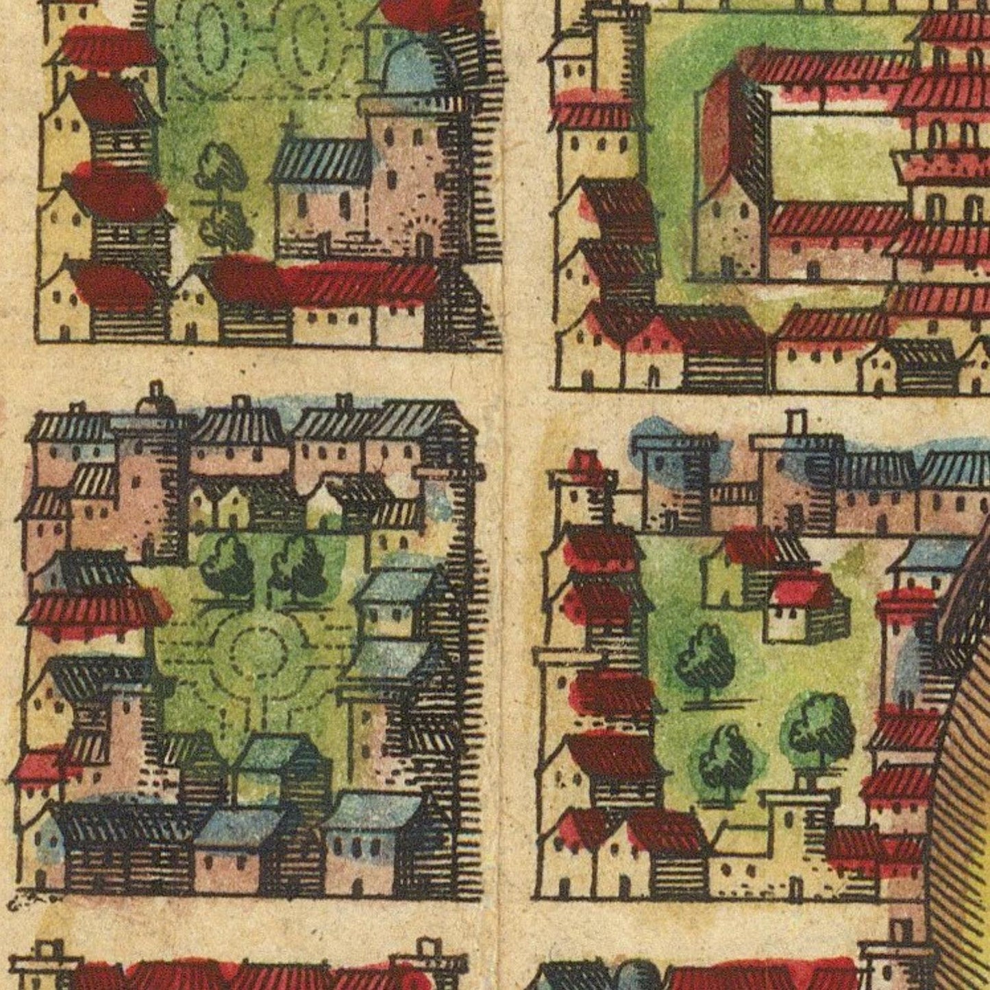 Vintage-style illustration of a town with buildings and greenery
