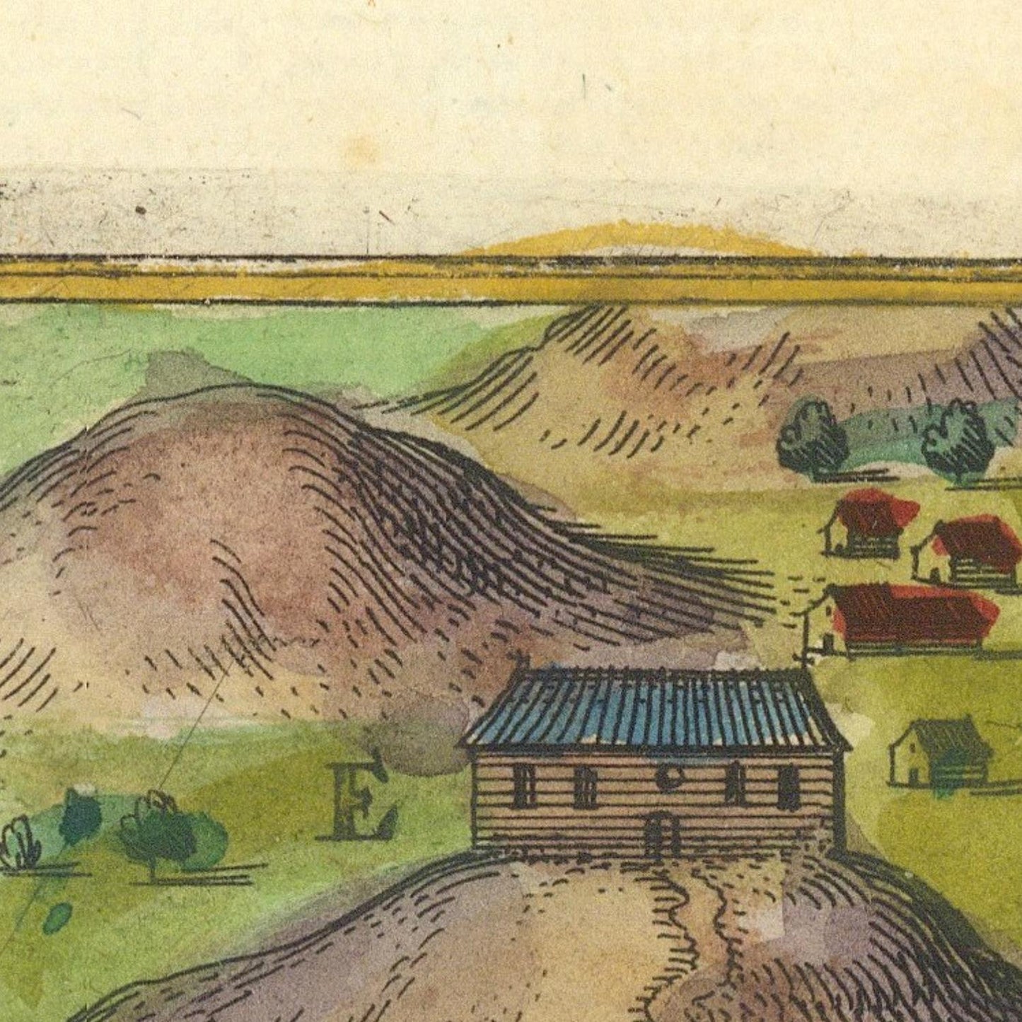 Vintage illustration of a landscape with buildings and hills