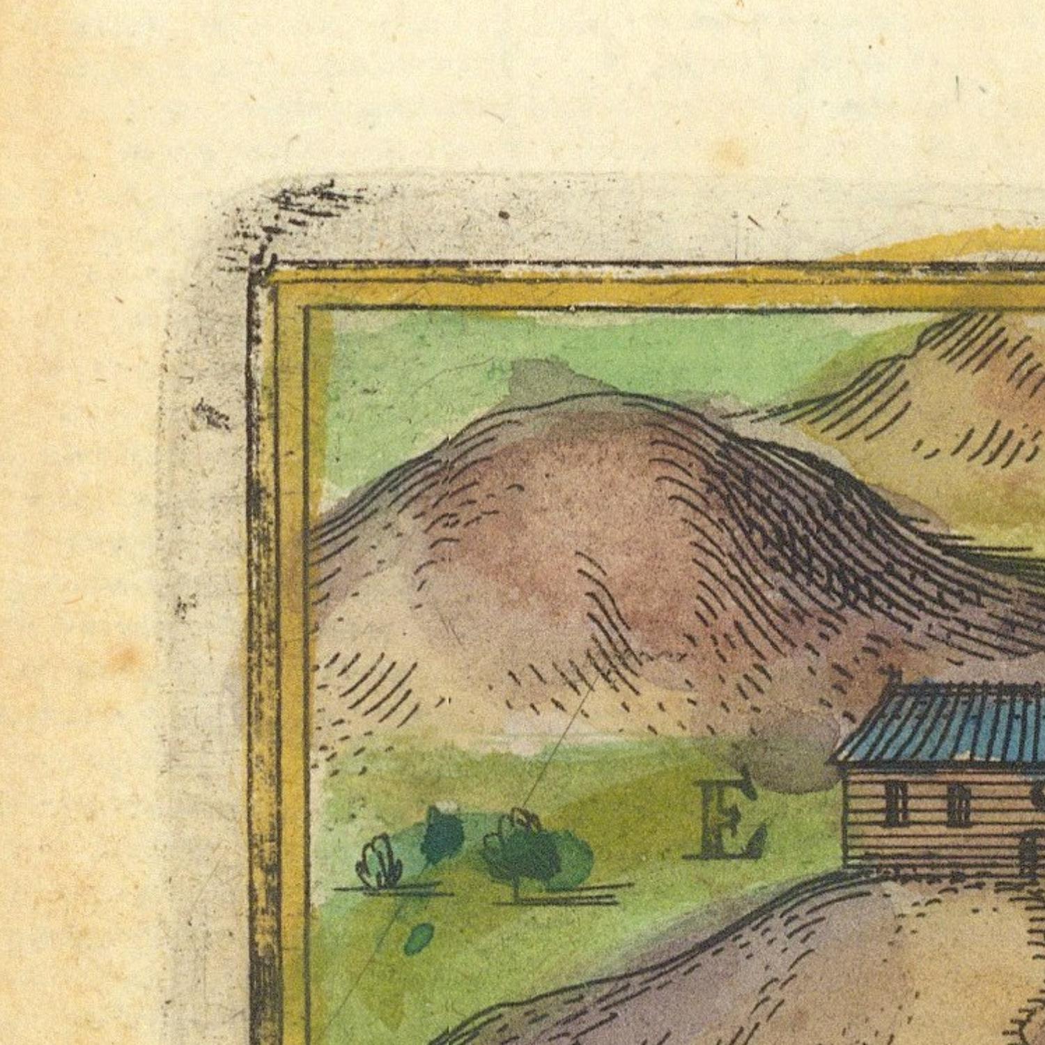 Vintage illustration of a mountain and cabin with a yellow border on a textured beige background