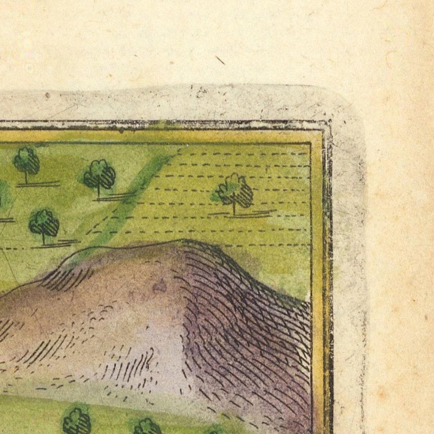 Vintage-style illustration of a landscape with trees and a hill on a textured beige background.