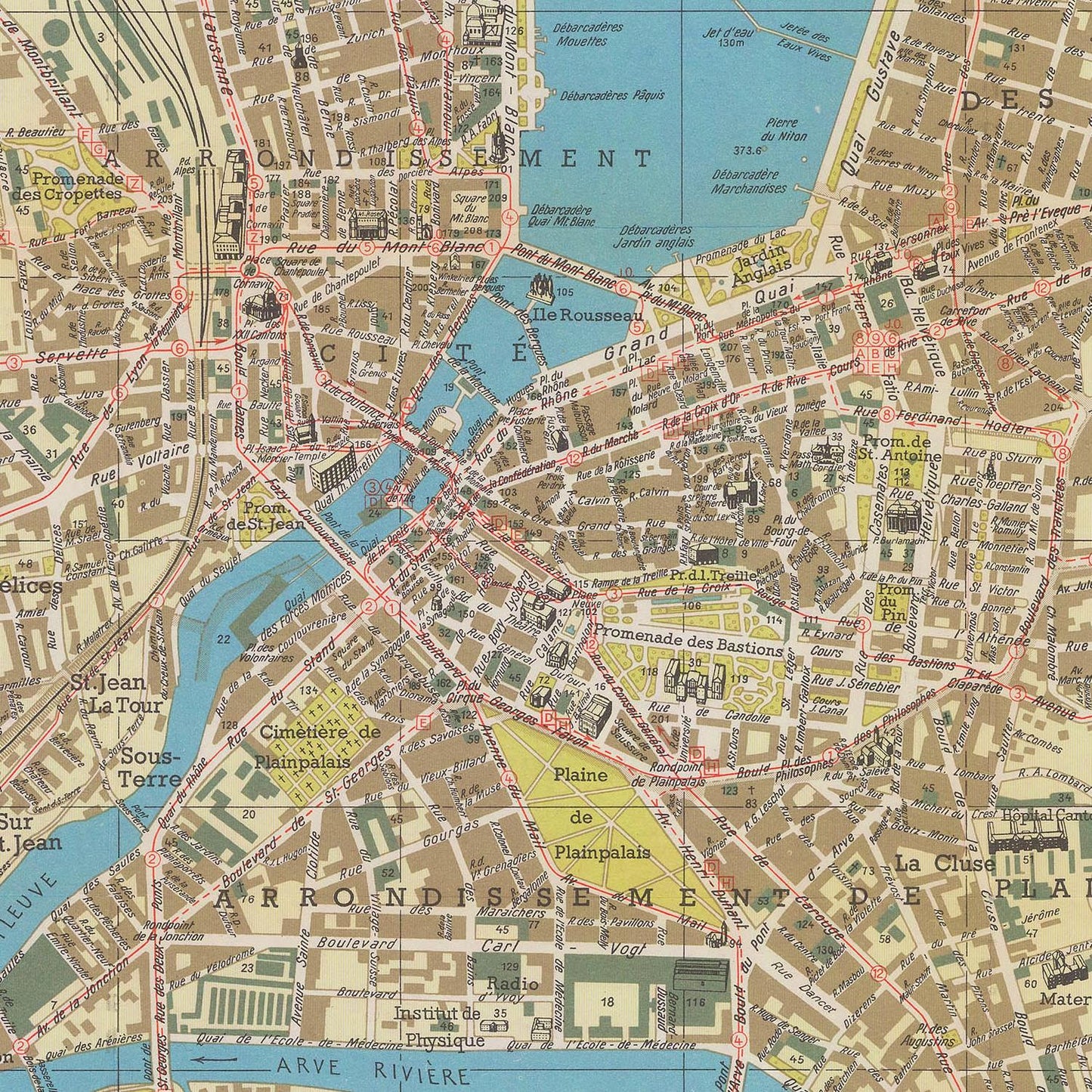 Vintage map of a city layout with streets and landmarks