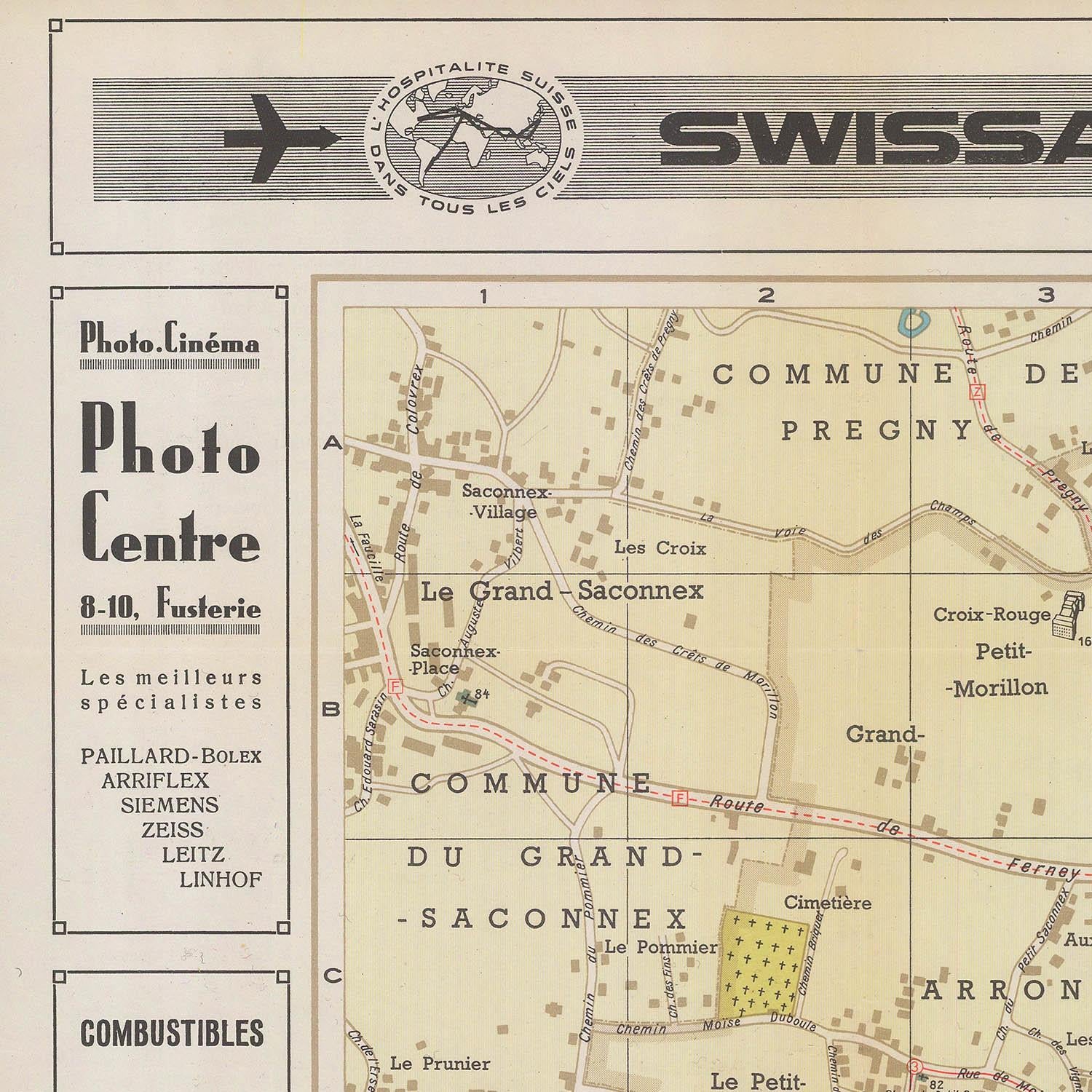 Vintage map of a commune with Swissair advertisement at the top