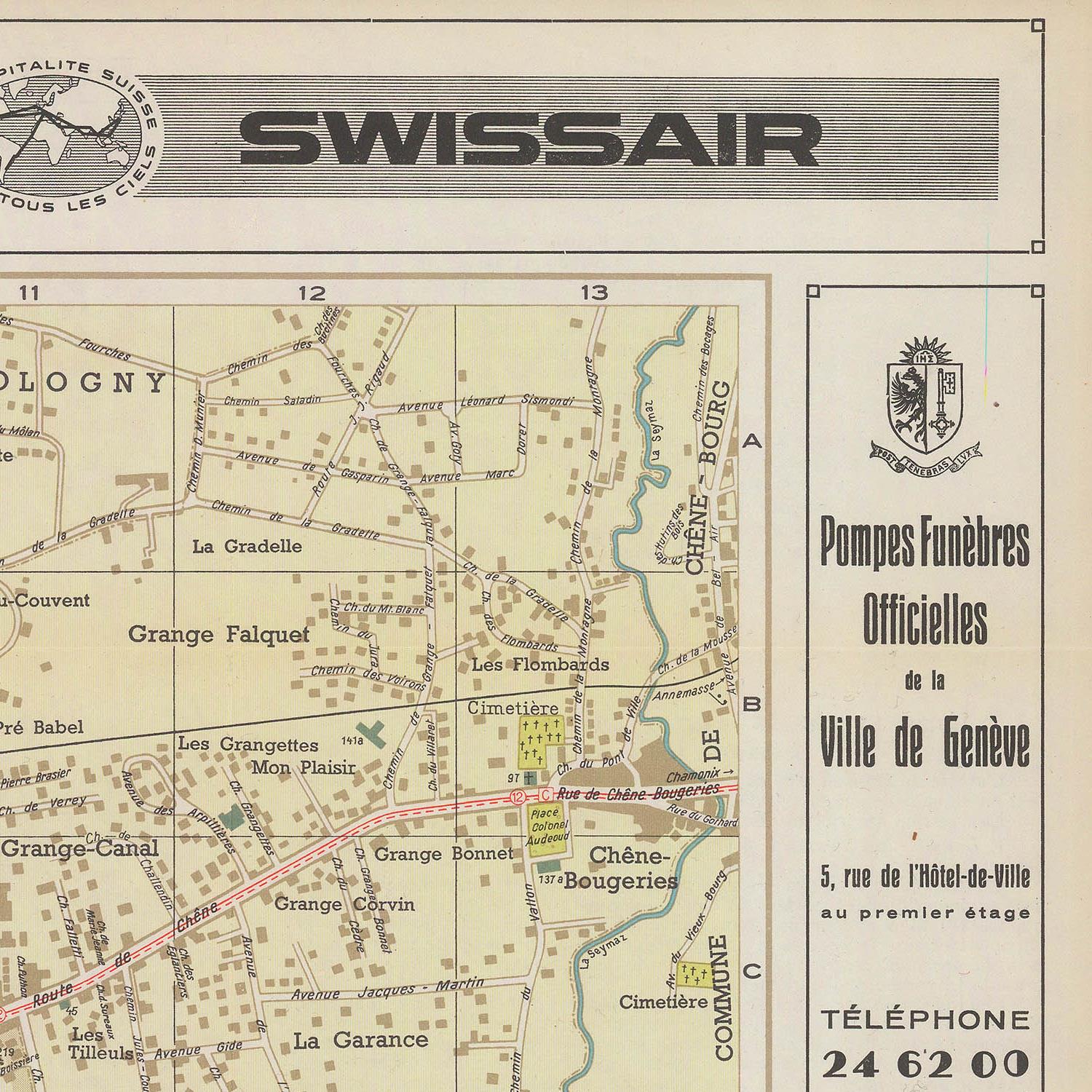 Map with Swissair logo and text about funeral services in Geneva, Switzerland.