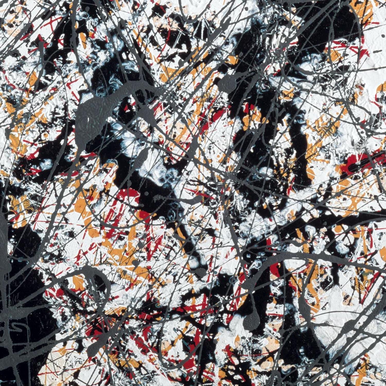 Abstract art with black, white, red, and orange splashes on a white background