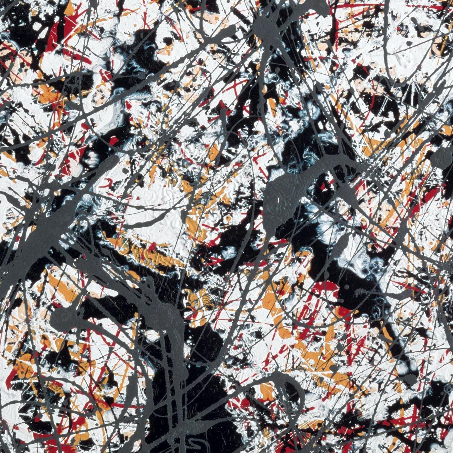 Abstract art with black, orange, and red splashes on a white background