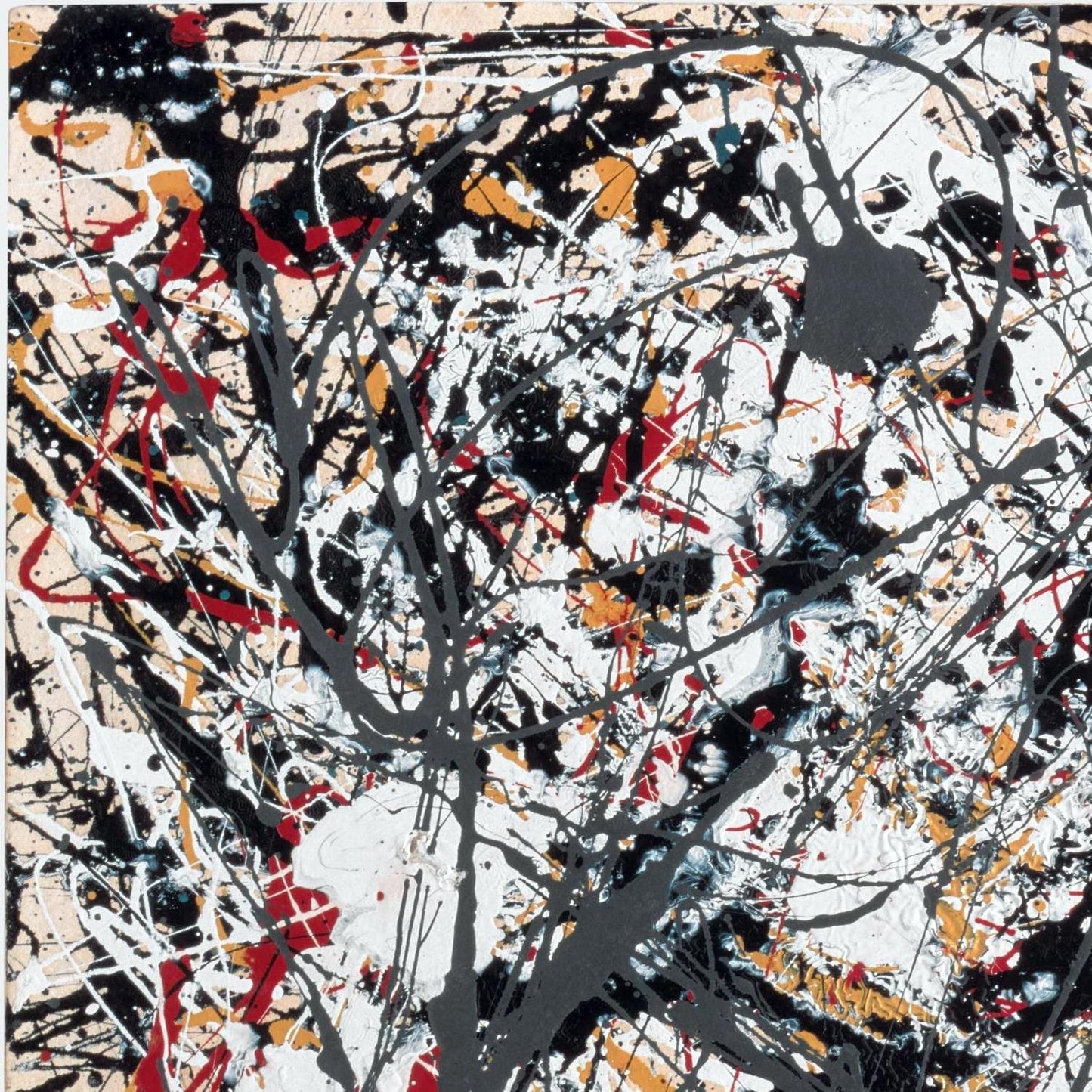 Abstract art with splashes of black, white, red, and orange on a beige background