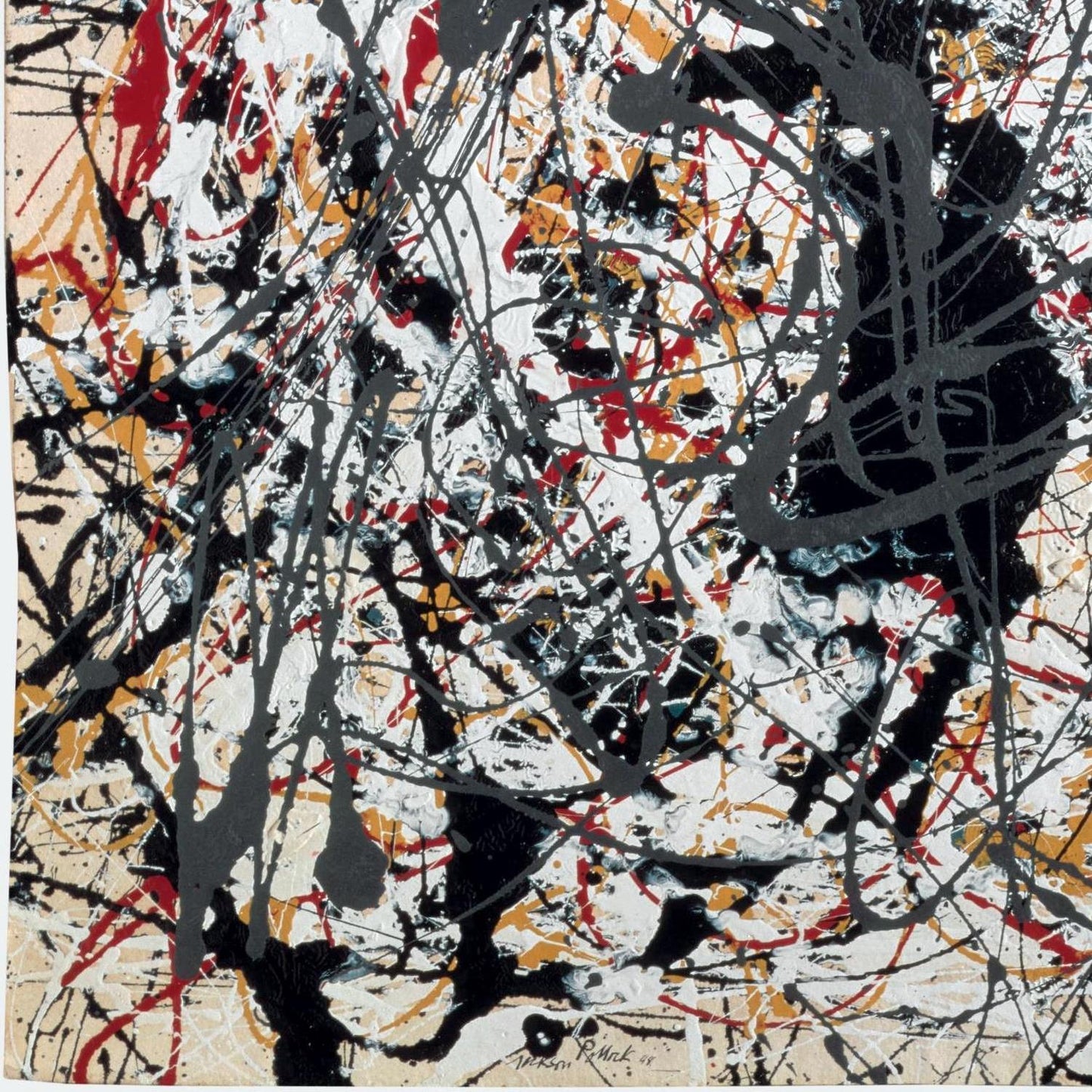 Abstract art piece with black, red, and yellow brush strokes on a white background