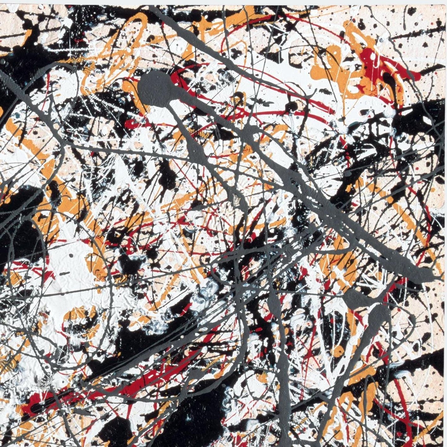 Abstract art with splashes of black, orange, and red on a white background