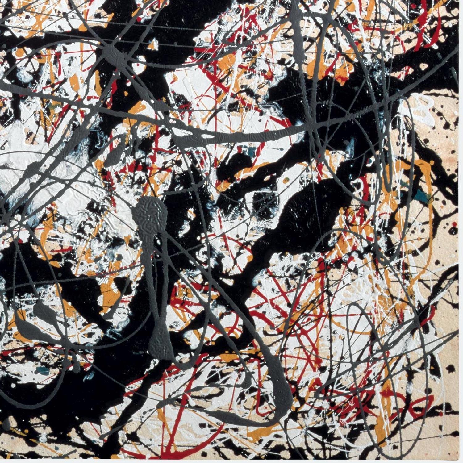 Abstract art with black, red, and orange splashes on a white background