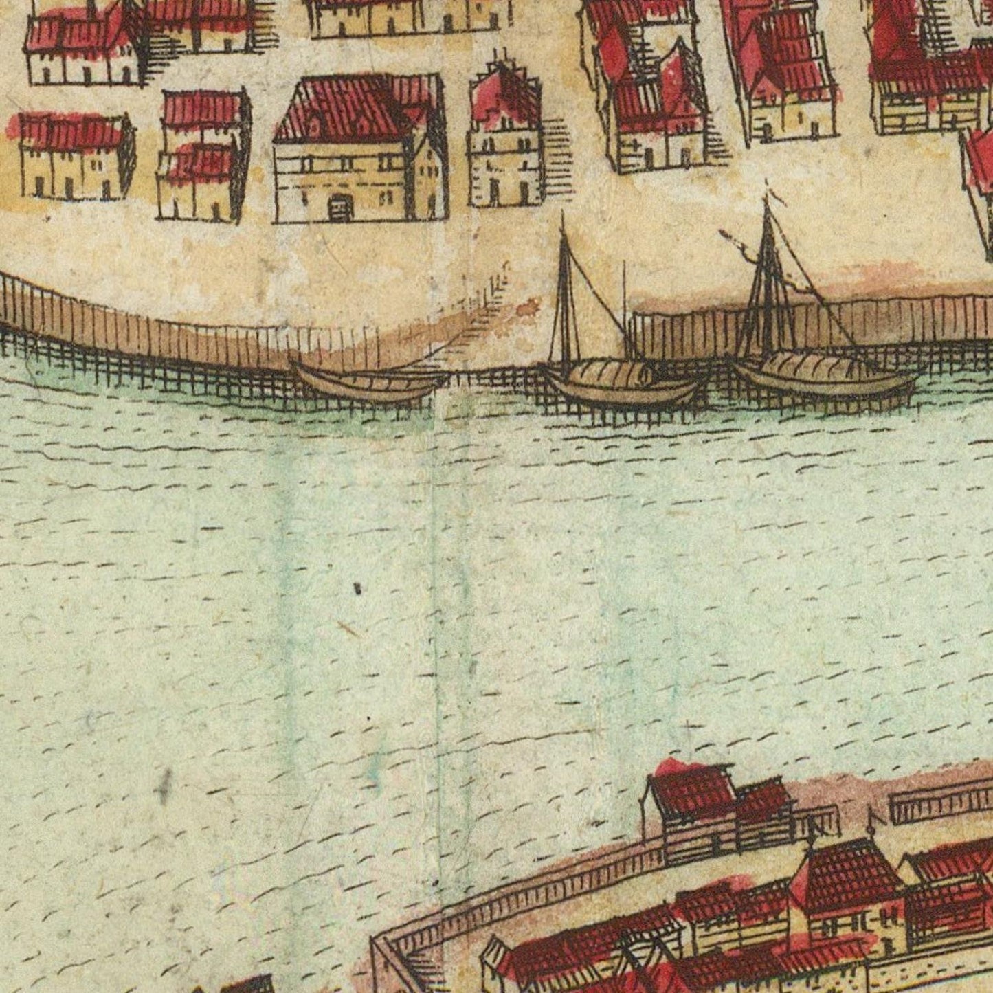 Vintage illustration of a waterfront scene with buildings and boats.