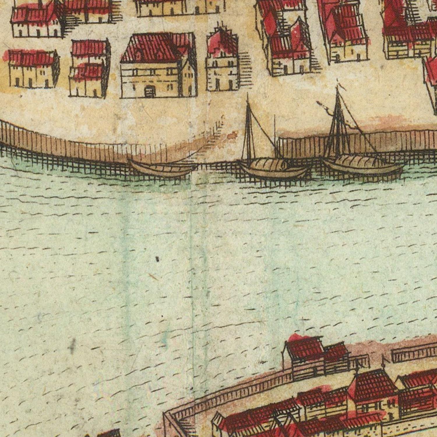 Vintage illustration of a waterfront scene with buildings and boats.