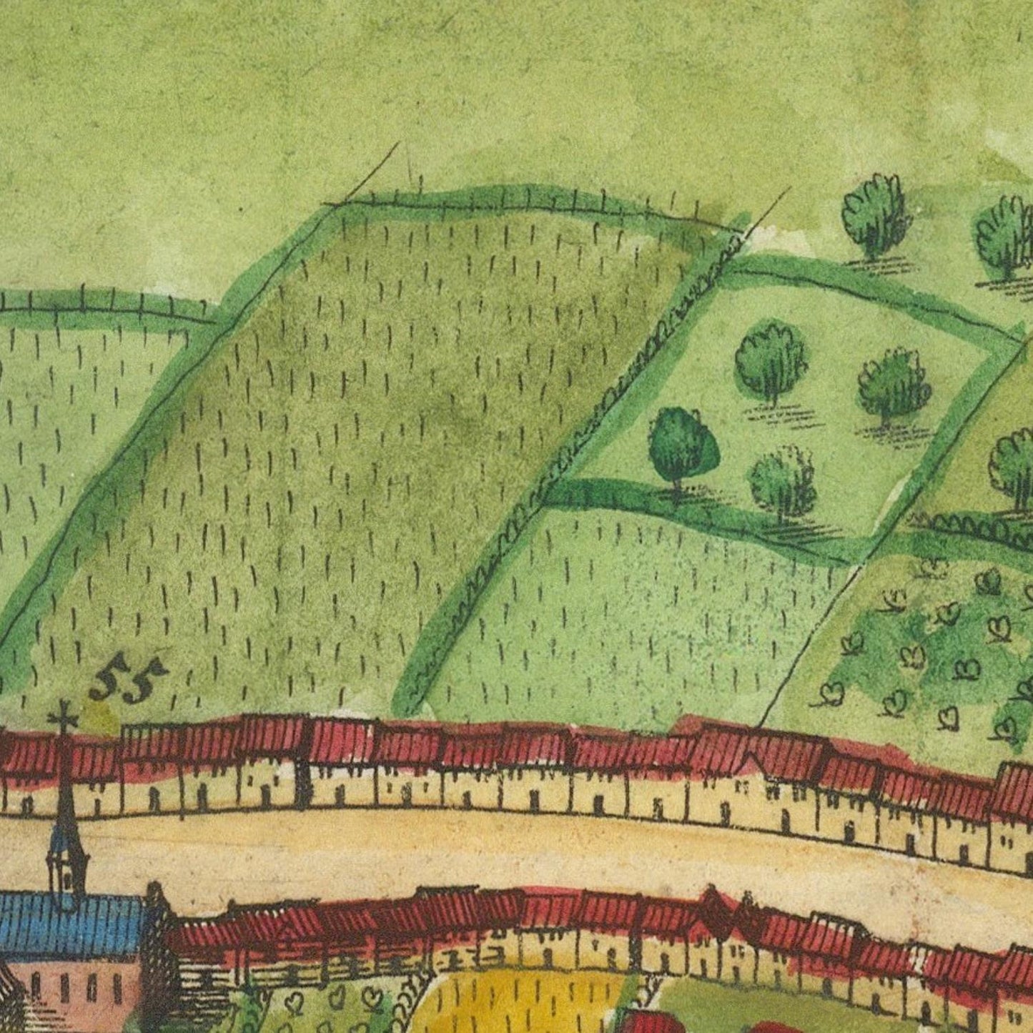 Vintage map with green hills and red-roofed buildings