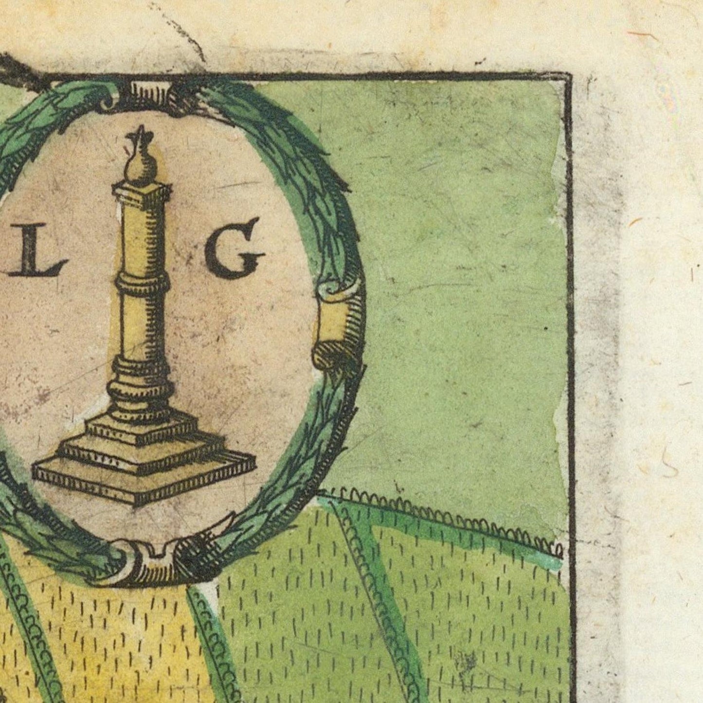Decorative illustration with a column and wreath, featuring the letters 'L' and 'G', on a green and beige background.