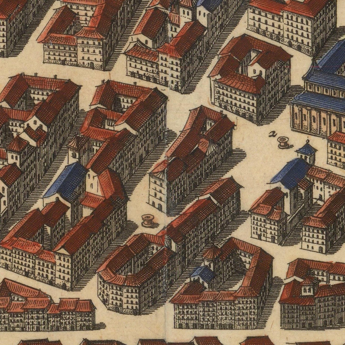 Vintage map or illustration of a city layout with buildings and streets.
