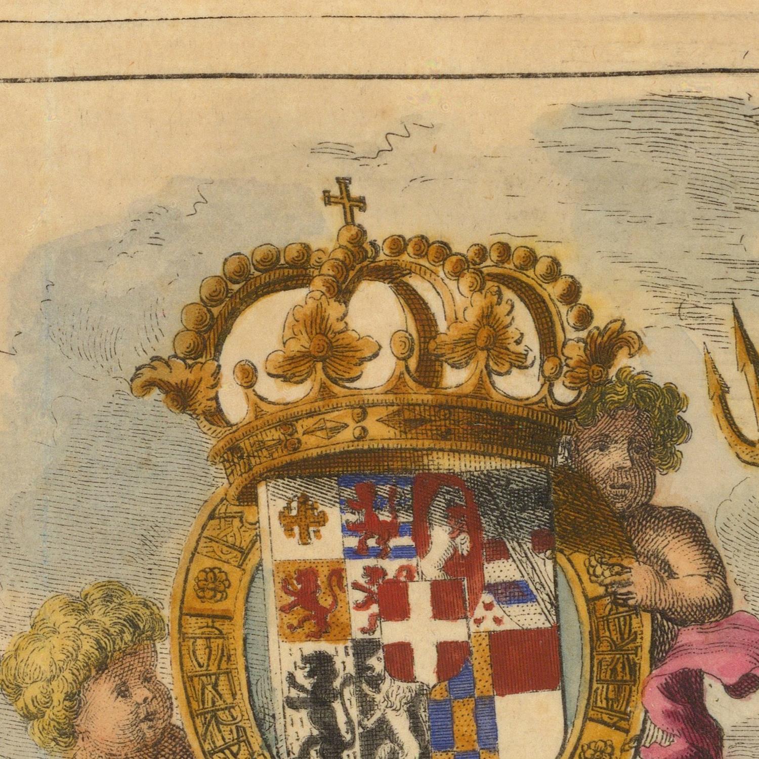 Coat of arms with a crown and shield featuring various symbols on a textured background