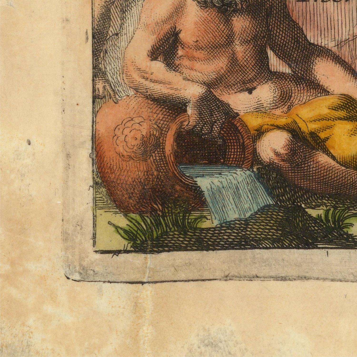 Vintage illustration of a man pouring water from a pot into a bowl.