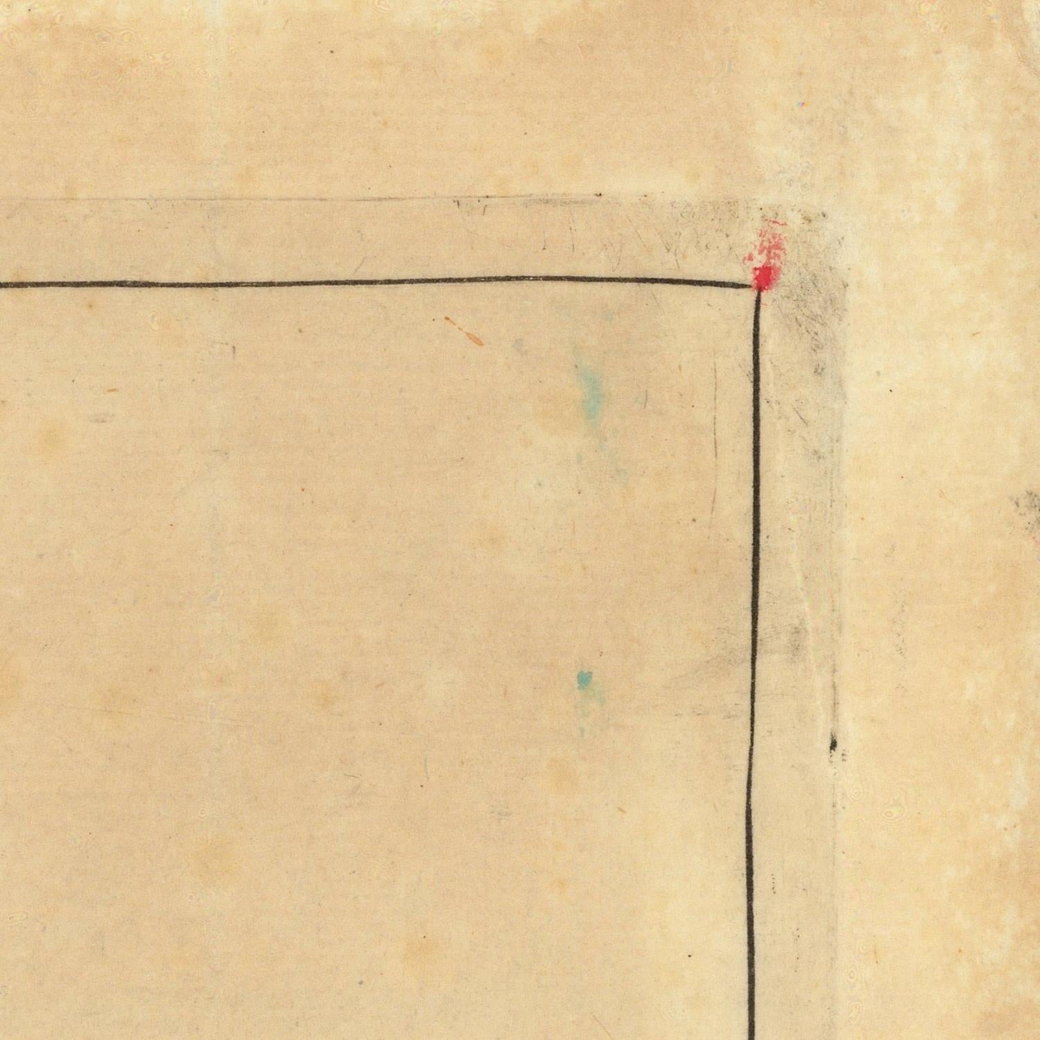 Close-up of a textured beige surface with a black line and red dot.