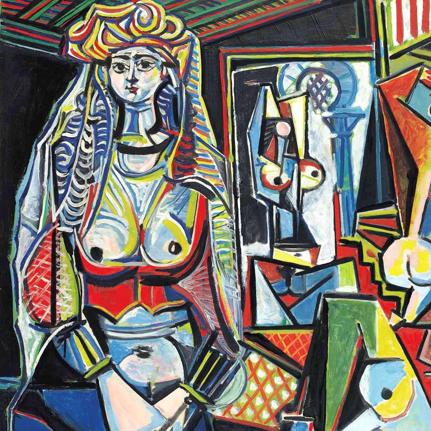 Colorful abstract painting of a figure with geometric shapes and patterns.