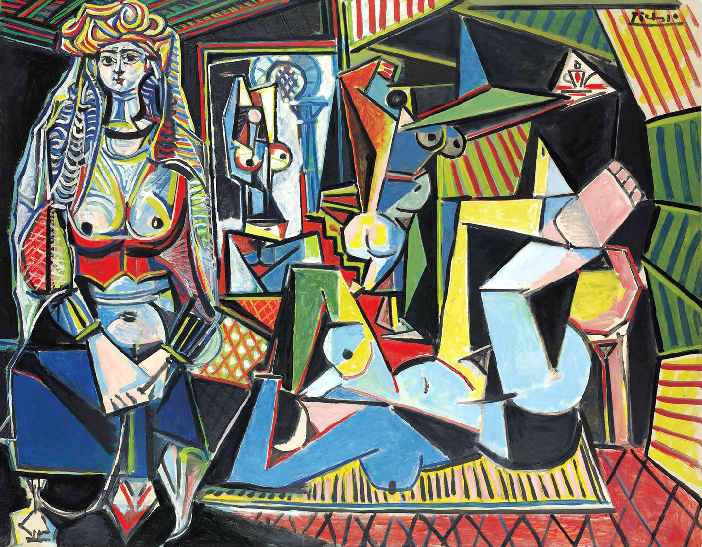 Cubist painting with abstract figures and geometric shapes