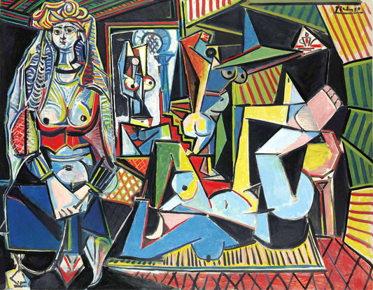 Cubist painting with abstract figures and geometric shapes