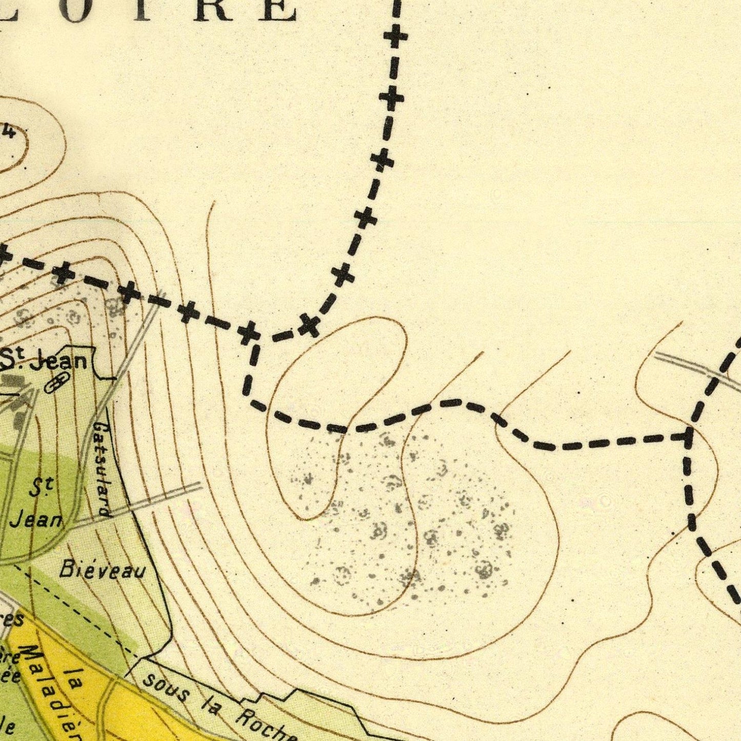 Vintage map section with topographic lines and labels on a beige background