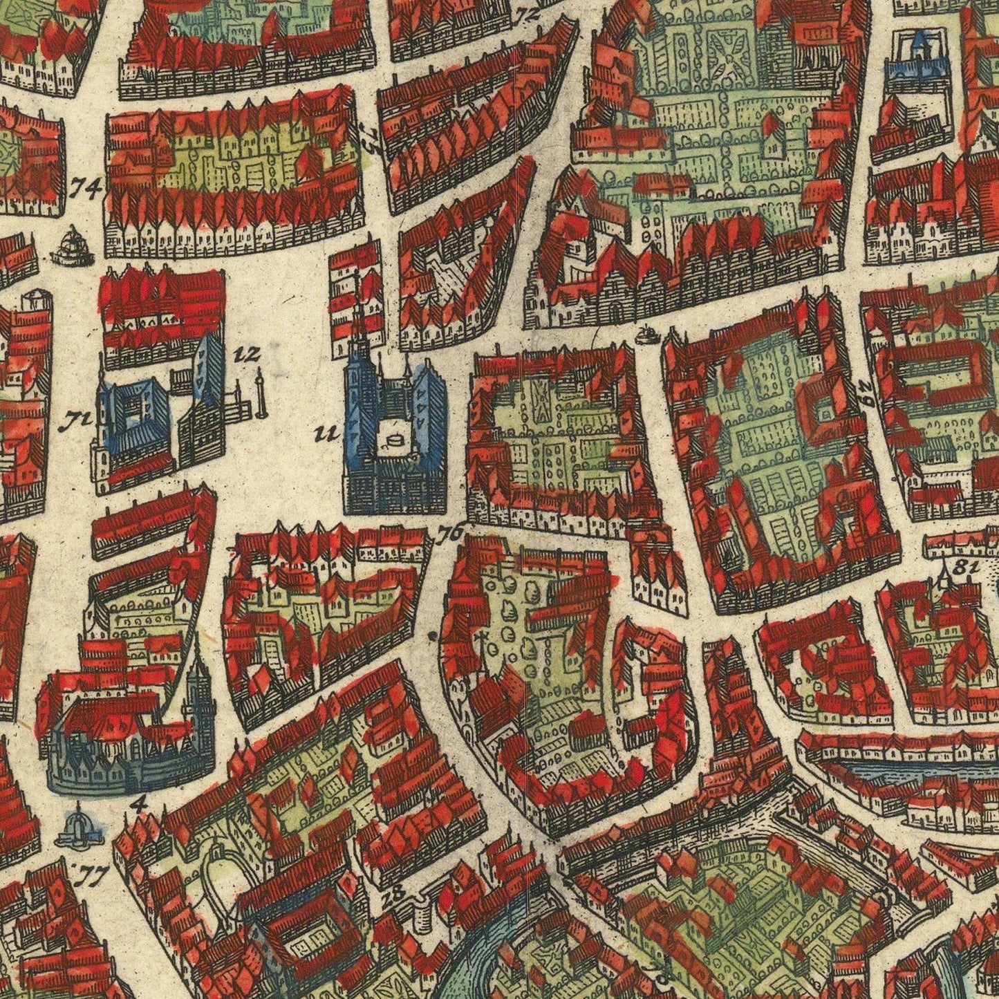 Vintage map of a city with red and blue buildings