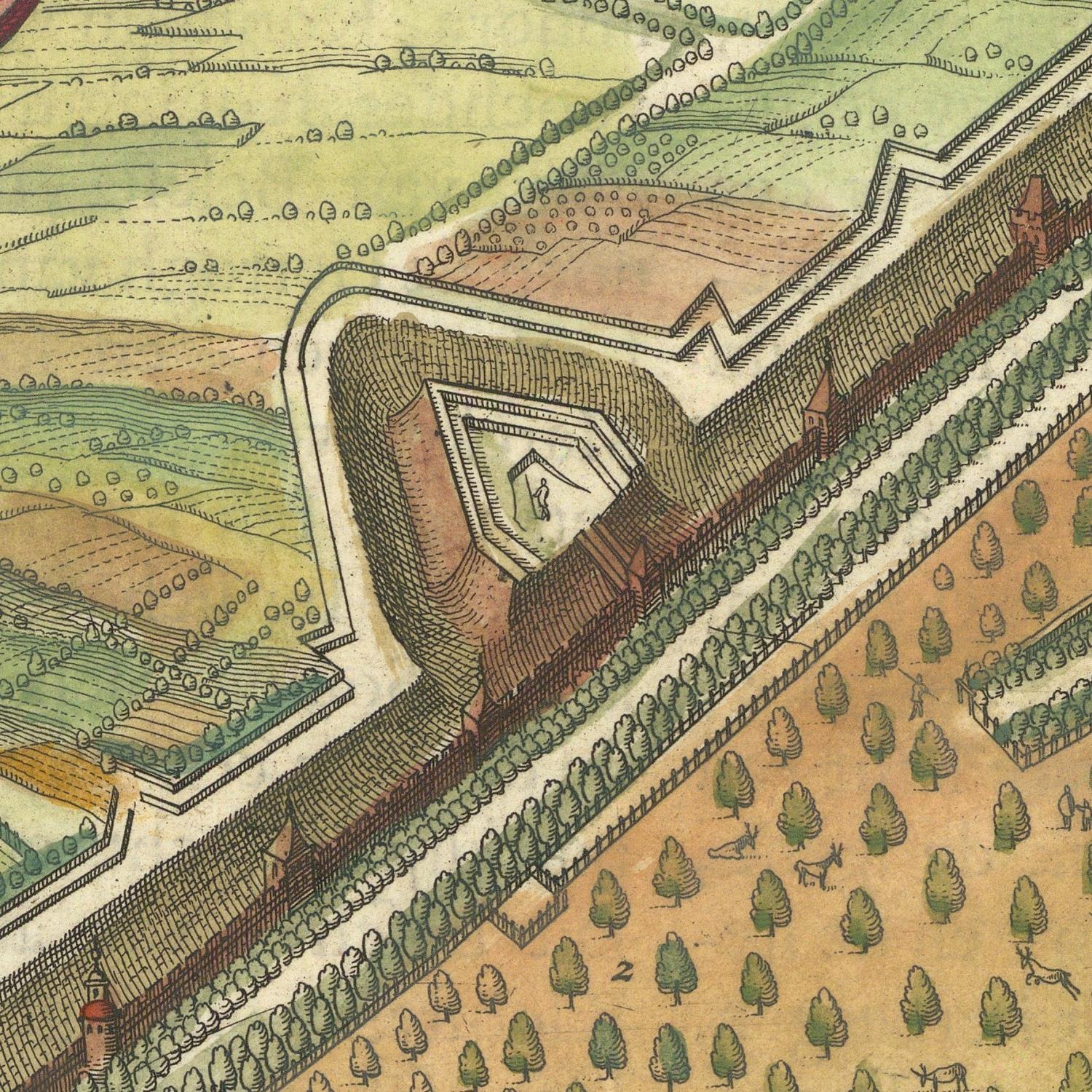 Vintage map or illustration of a fortified structure with surrounding landscape
