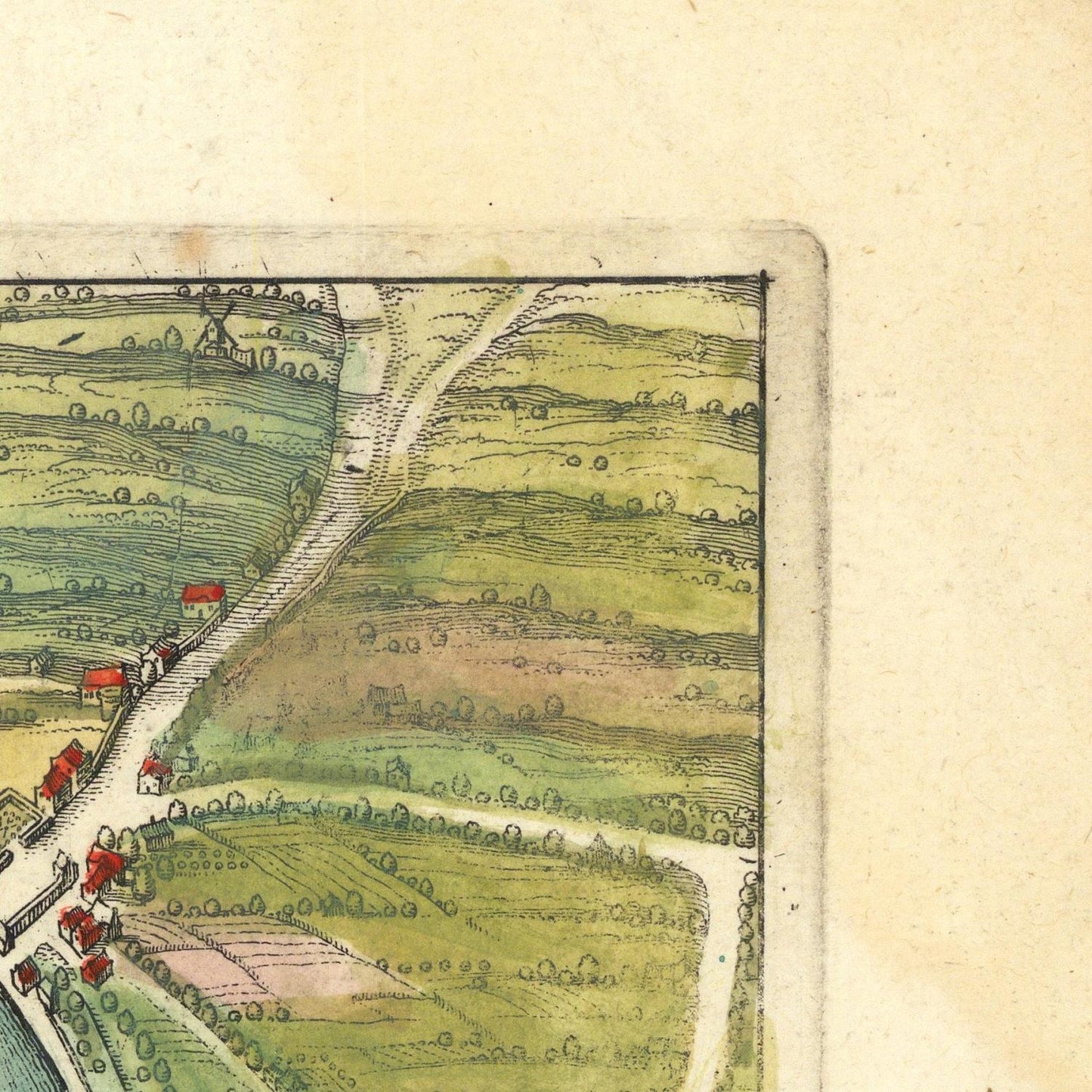 Vintage-style map of a rural landscape with green fields and red buildings.