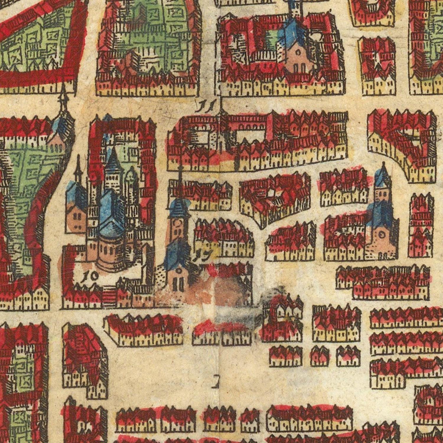 Vintage map of a city with red and brown buildings on a beige background