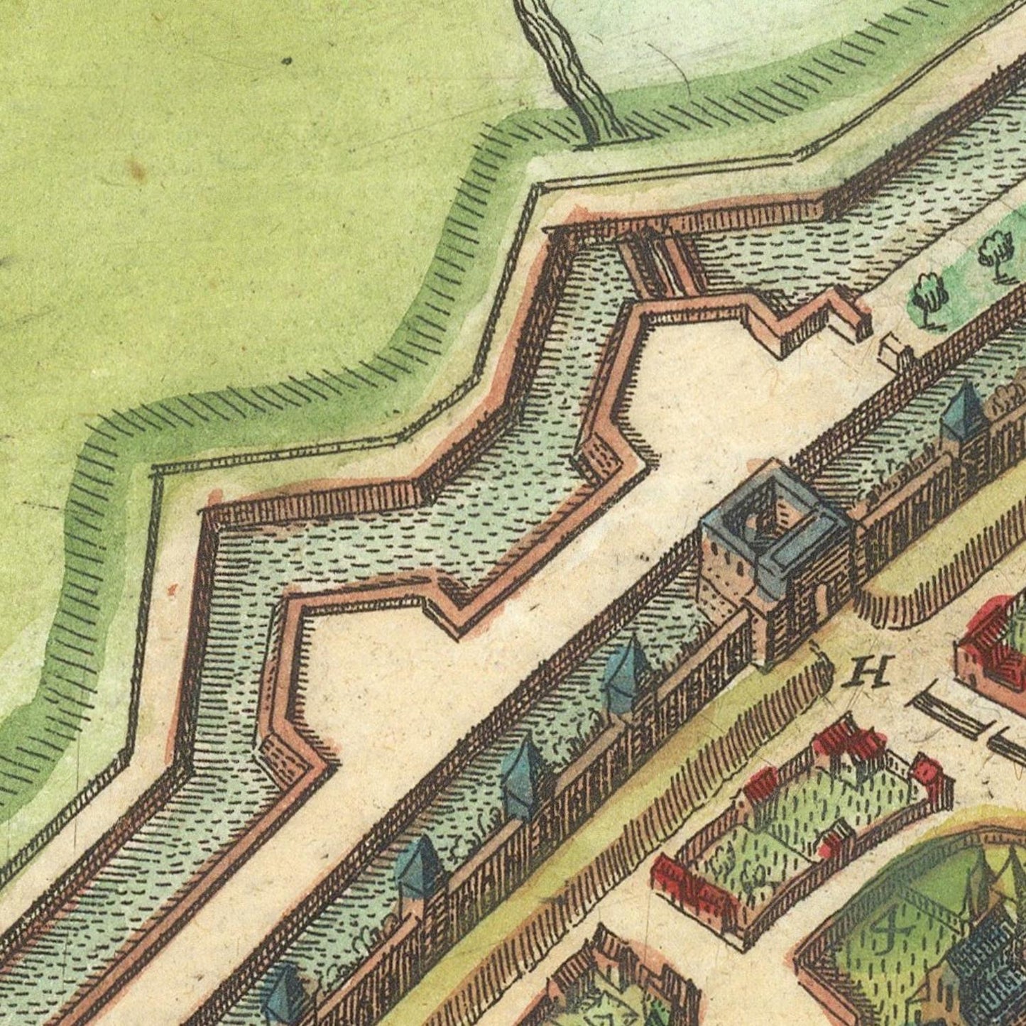 Vintage map of a fortified area with defensive walls and towers