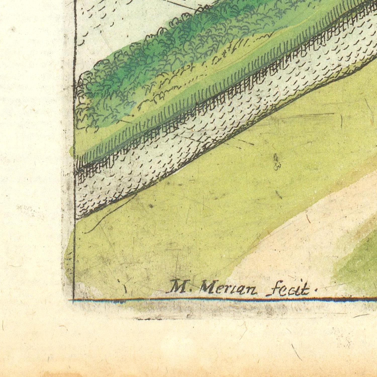 Vintage map detail with greenery and text 'M. Merian fecit' on a beige background