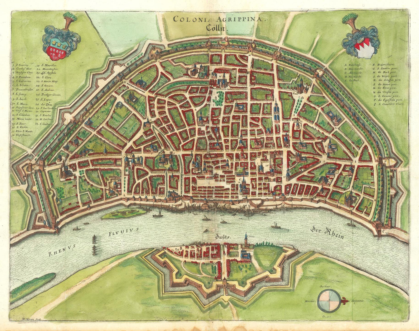 Vintage map of a city with defensive walls and a river, featuring a coat of arms at the top.
