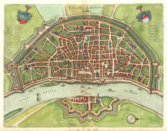 Vintage map of a city with defensive walls and a river, featuring a coat of arms at the top.