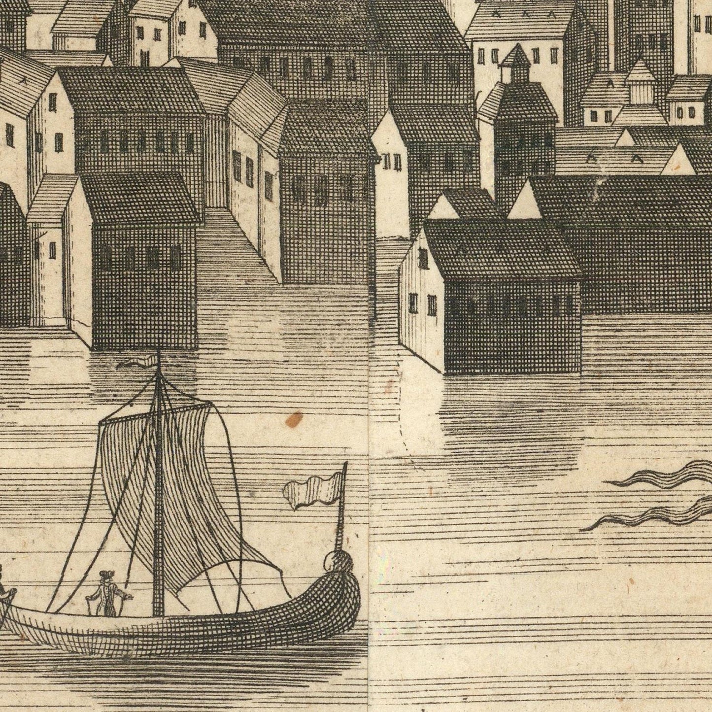 Vintage illustration of a coastal scene with buildings and a boat.