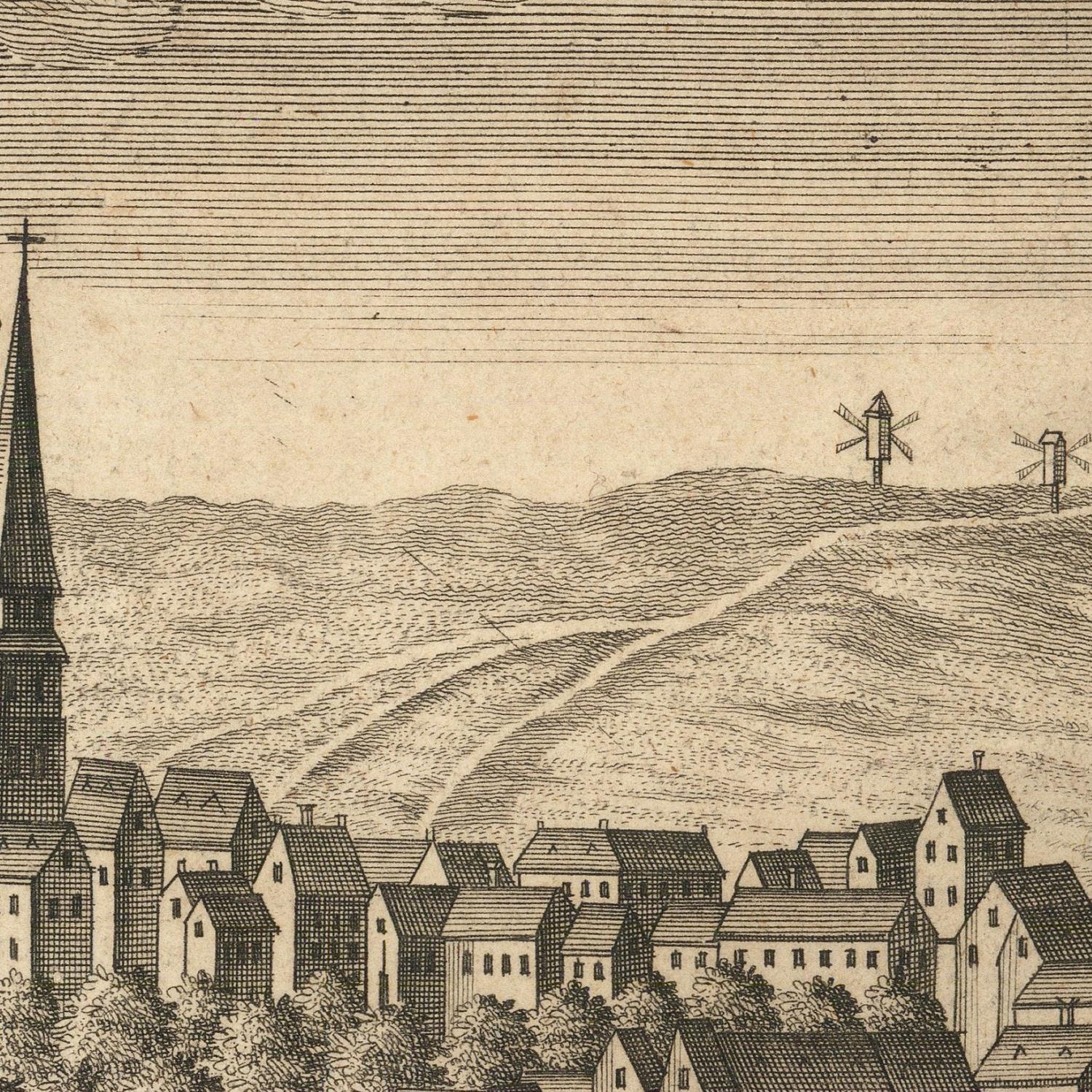 Vintage illustration of a town with buildings and a church steeple.