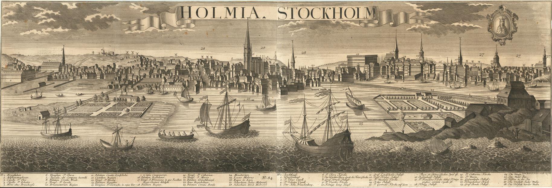 Vintage illustration of Stockholm with ships and buildings along the waterfront