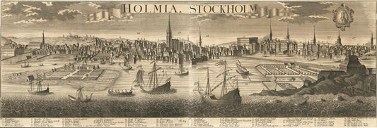 Vintage illustration of Stockholm with ships and buildings along the waterfront