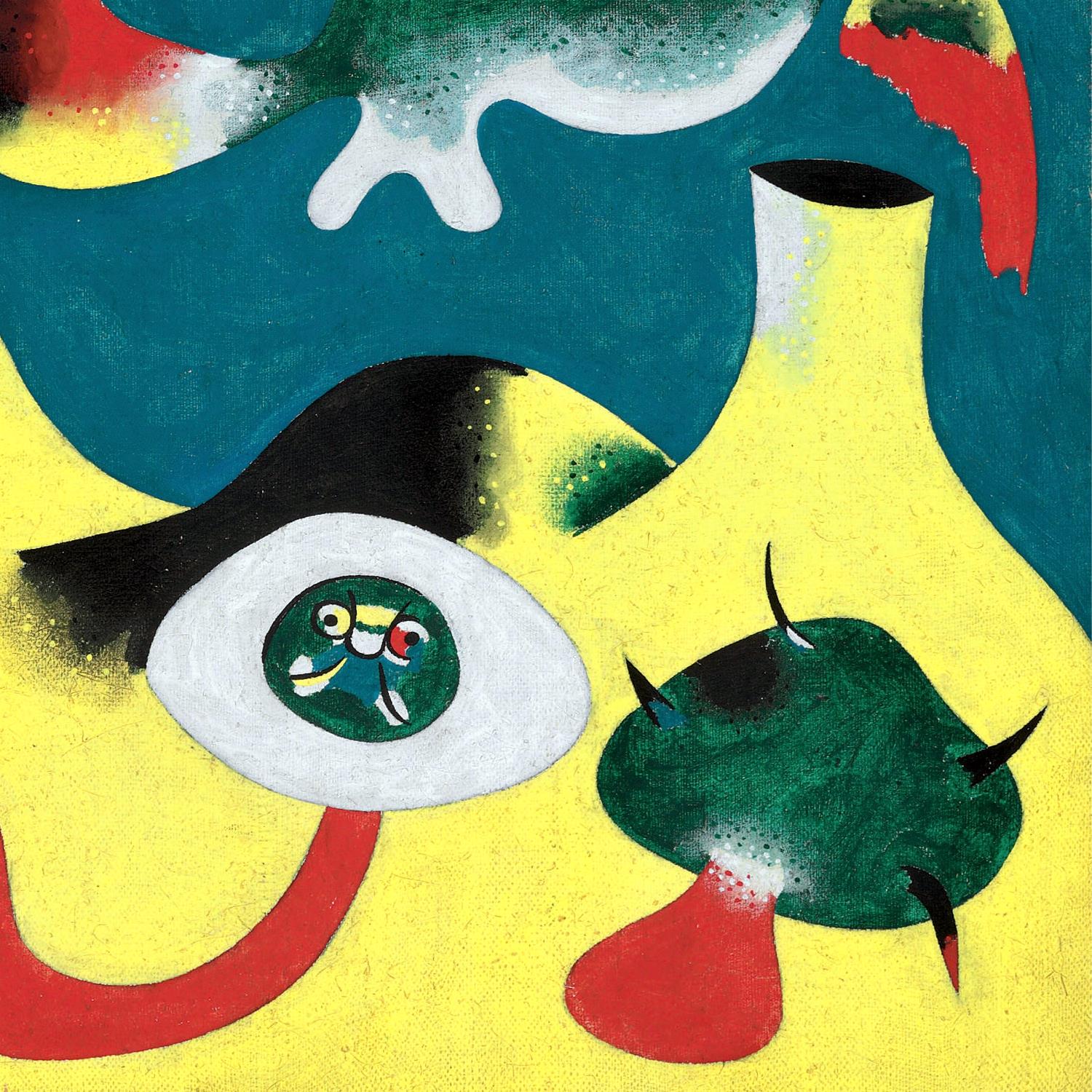 Abstract artwork with colorful shapes and a central eye-like figure on a yellow background