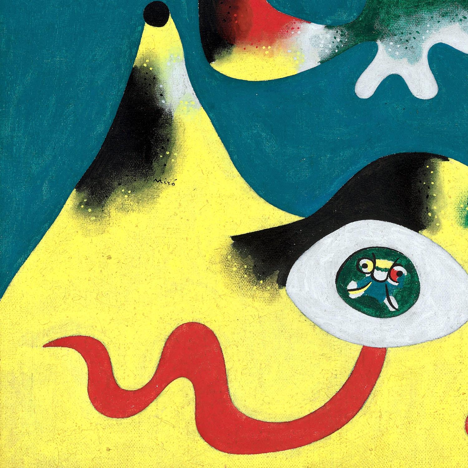 Abstract artwork with a stylized eye and snake on a blue and yellow background