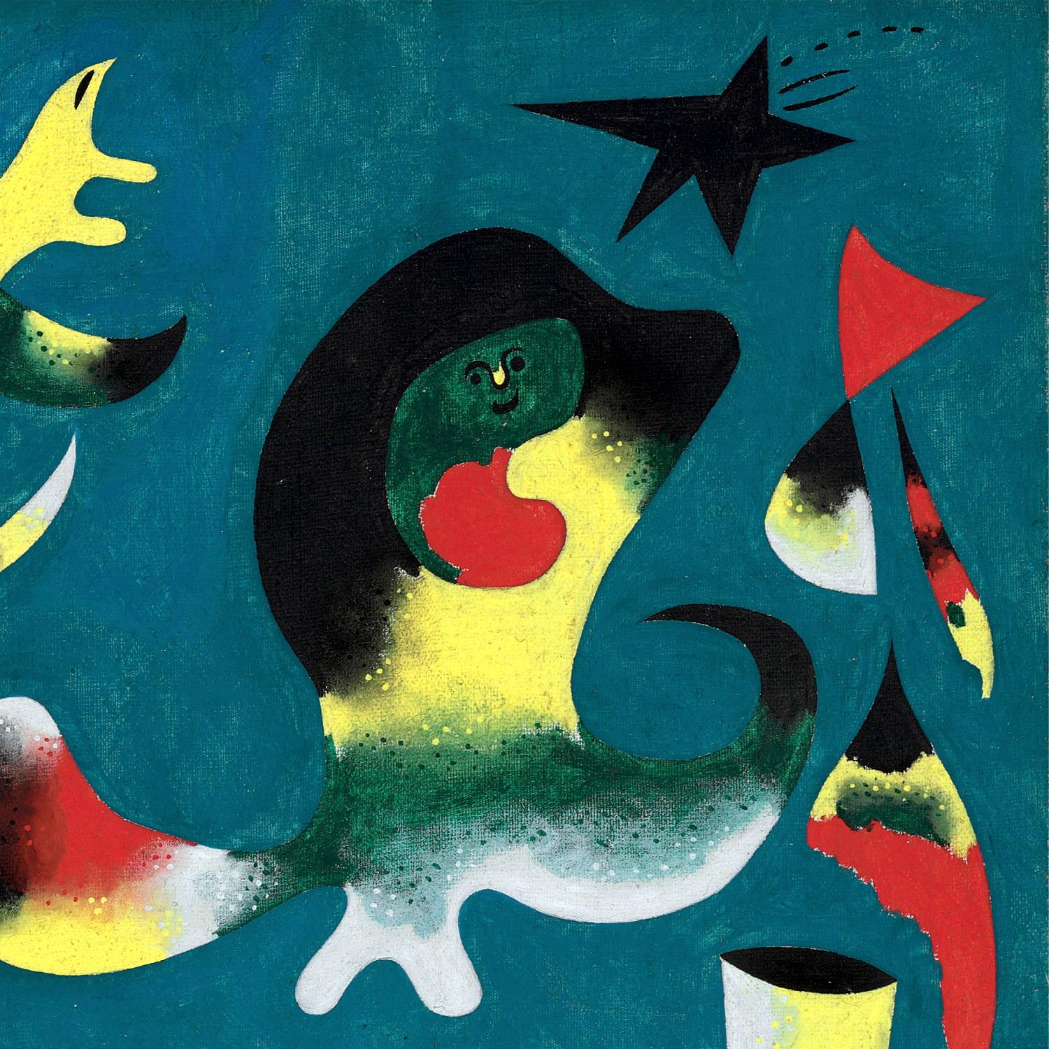 Abstract artwork with colorful shapes and a central figure on a blue background