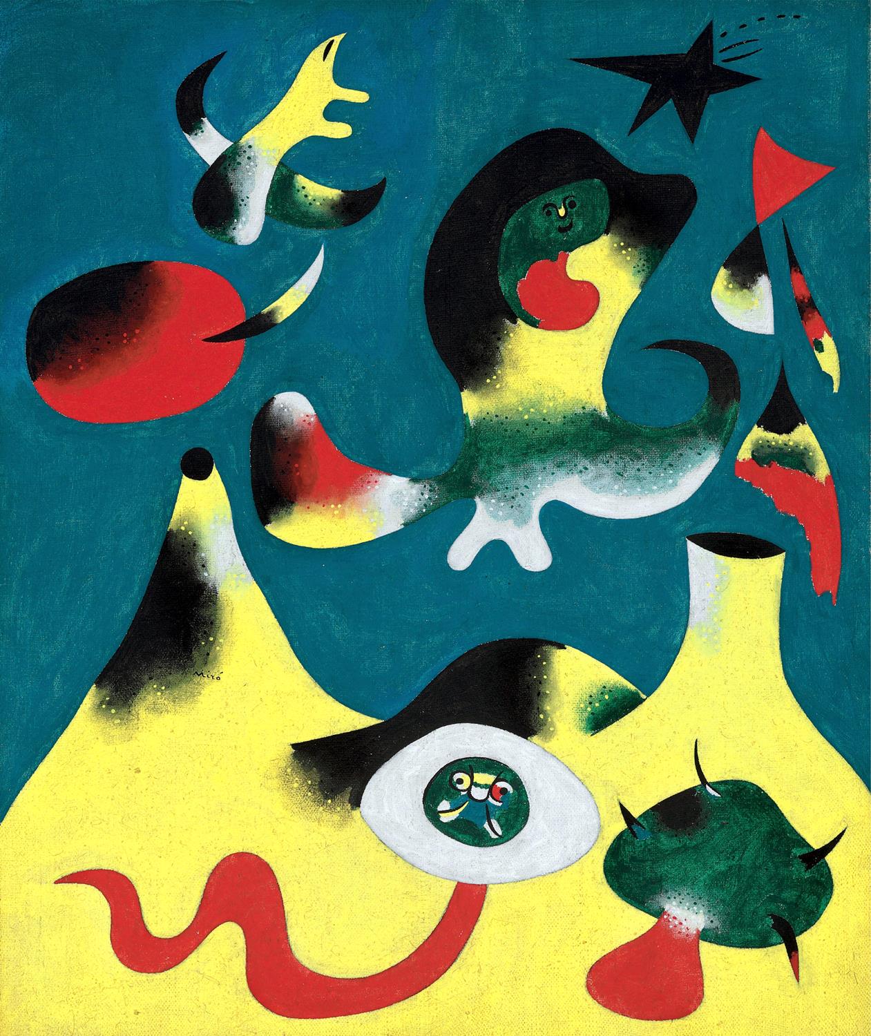 Abstract artwork with colorful shapes and forms on a blue and yellow background