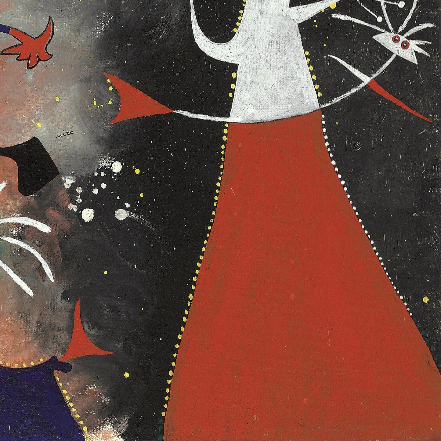 Abstract artwork with a figure in a red dress and a horse-like creature on a black background.