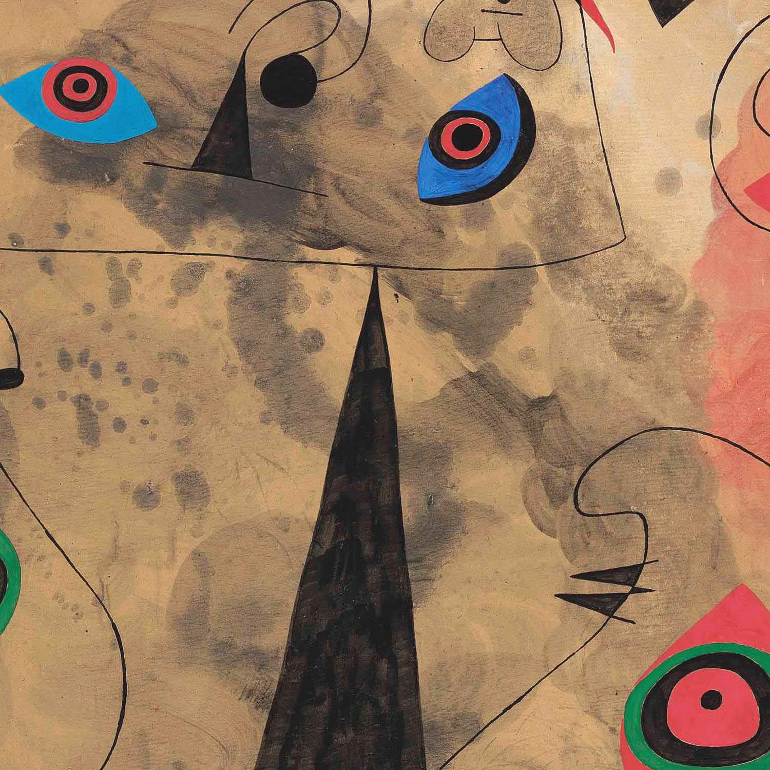 Abstract artwork with geometric shapes and colors on a textured beige background