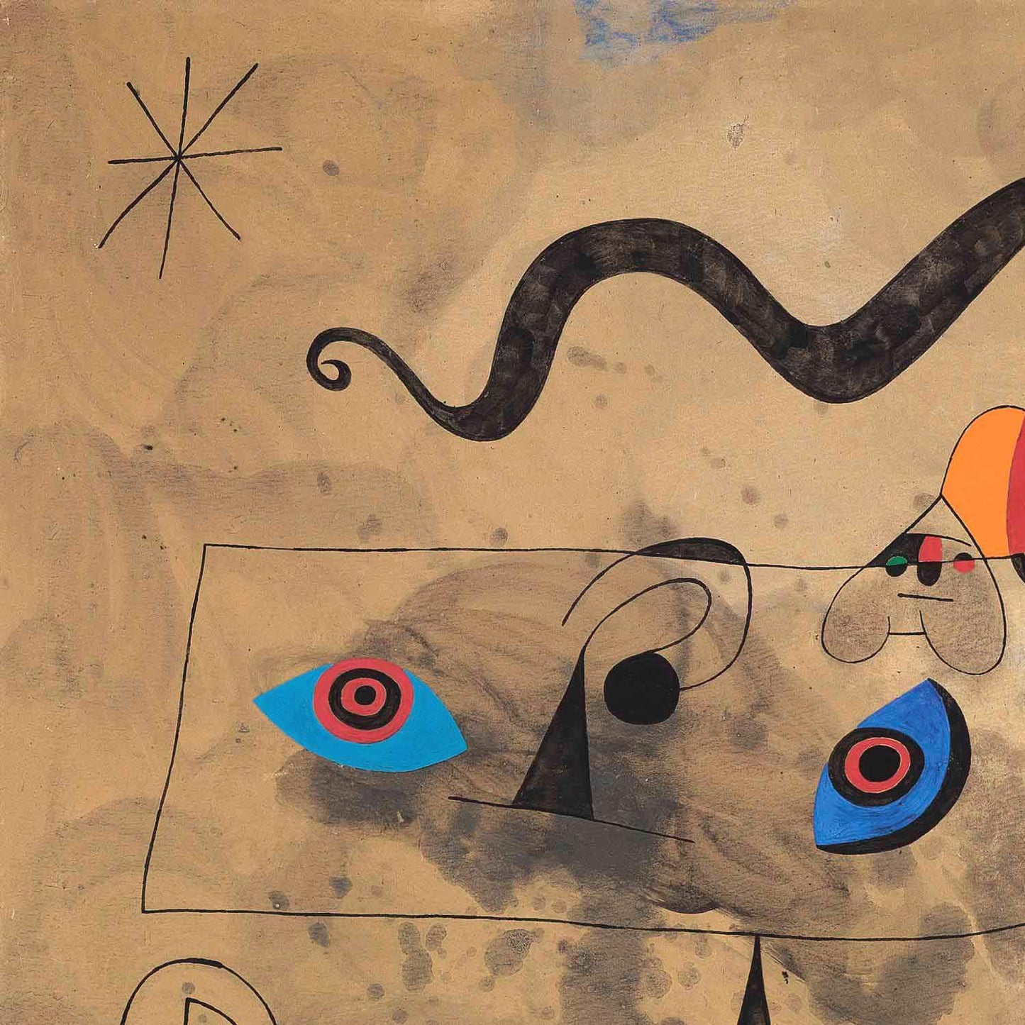Abstract artwork with wavy line and eye shapes on a textured beige background
